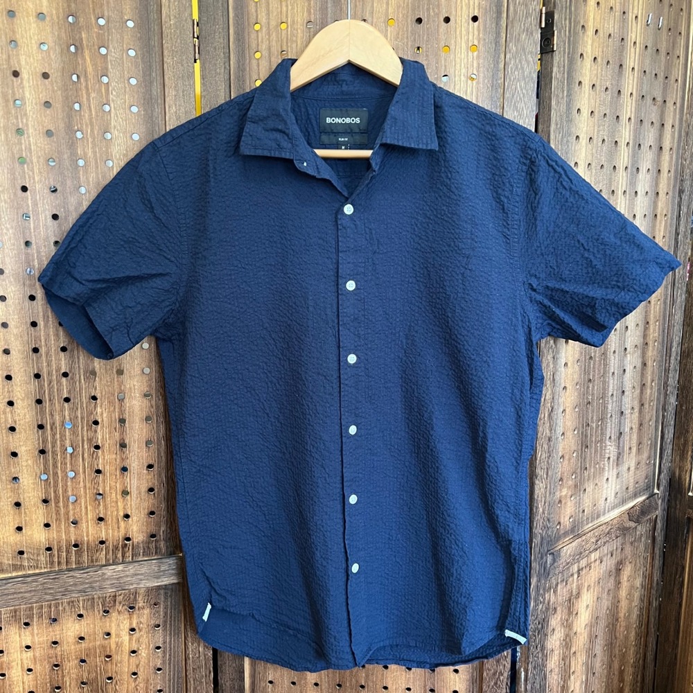 Bonobos Navy Blue Seersucker Style Slim Fit Button Down Shirt Size Medium